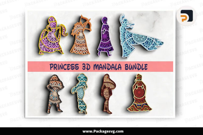 3D Mandala Princess Layered SVG, Disney Kid Laser Cut Digital Download LEHZ3EK9