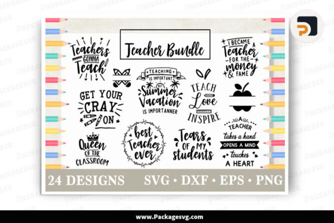 Teacher Quote Bundle SVG PNG EPS DXF, 24 Designs School T-Shirt