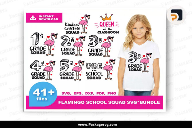 Flamingo School Squad SVG Bundle, 41 Files SVG PNG EPS DXF PDF Digital Download