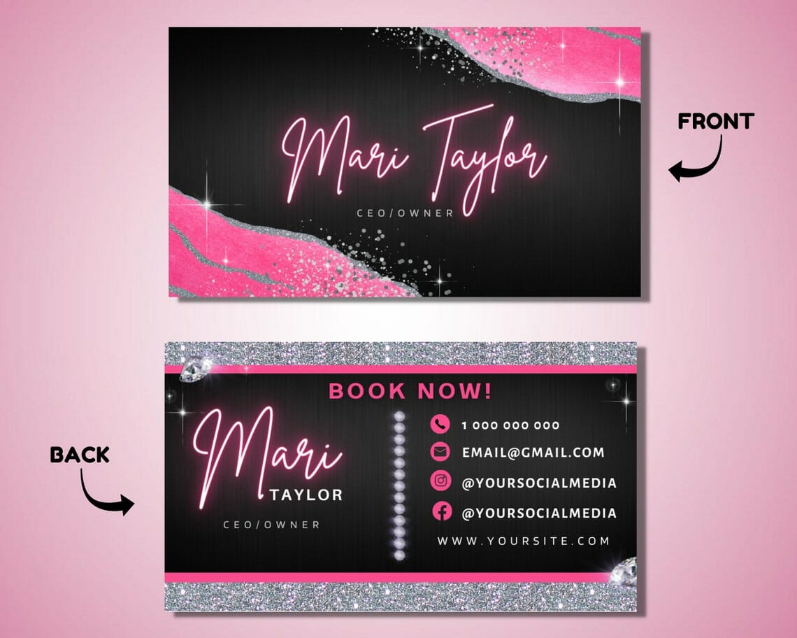 Pink Silver Business Card Canva Template|||