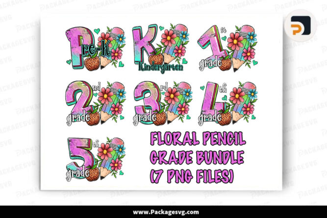 Floral Pencil Grade PNG Bundle, Back to School Design Digital Download