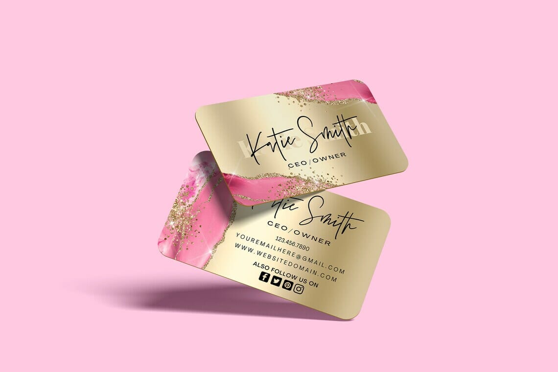 Editable Pink Gold Agate Business Card||
