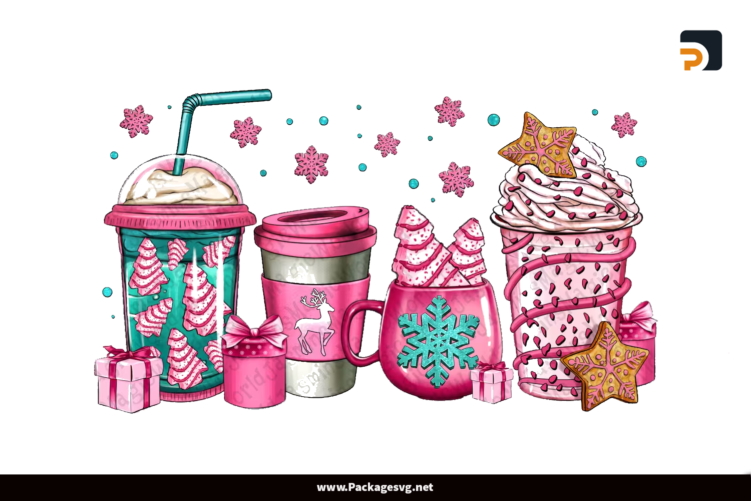 Pink Christmas Coffee Cups PNG Sublimation Design Digital Download||
