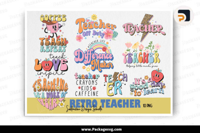 Retro Teacher Bundle, 10 PNG Sublimation Digital Download LCFV6COB