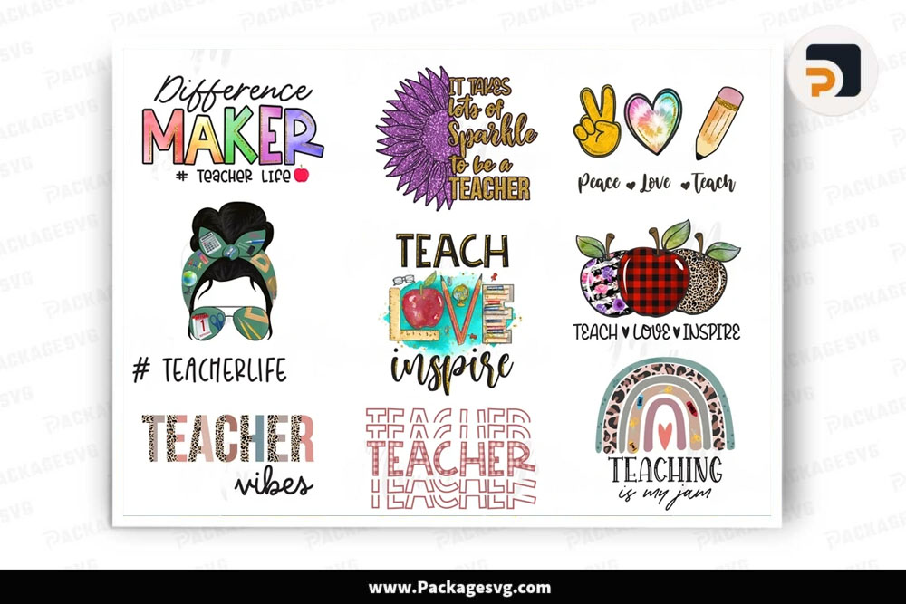 Teacher Sublimation Bundle PNG, 9 Designs School Digital Download
