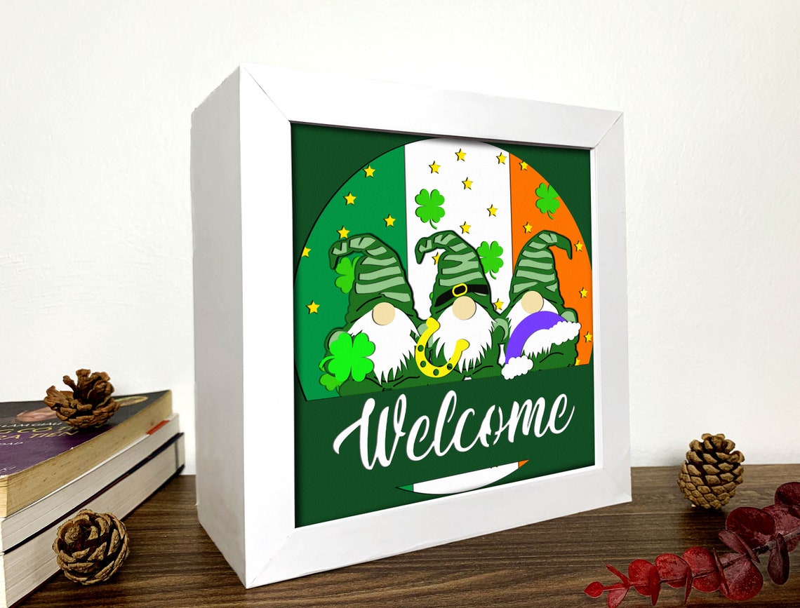 3D Gnomes Papercut Template Digital Download LEQHR0JY||Welcome St.Patrick's Day Shadow Box SVG