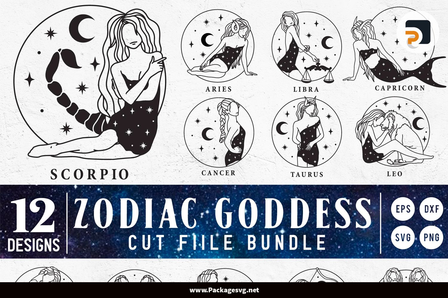 Zodiac Goddess Cut File Bundle SVG EPS PNG DXF