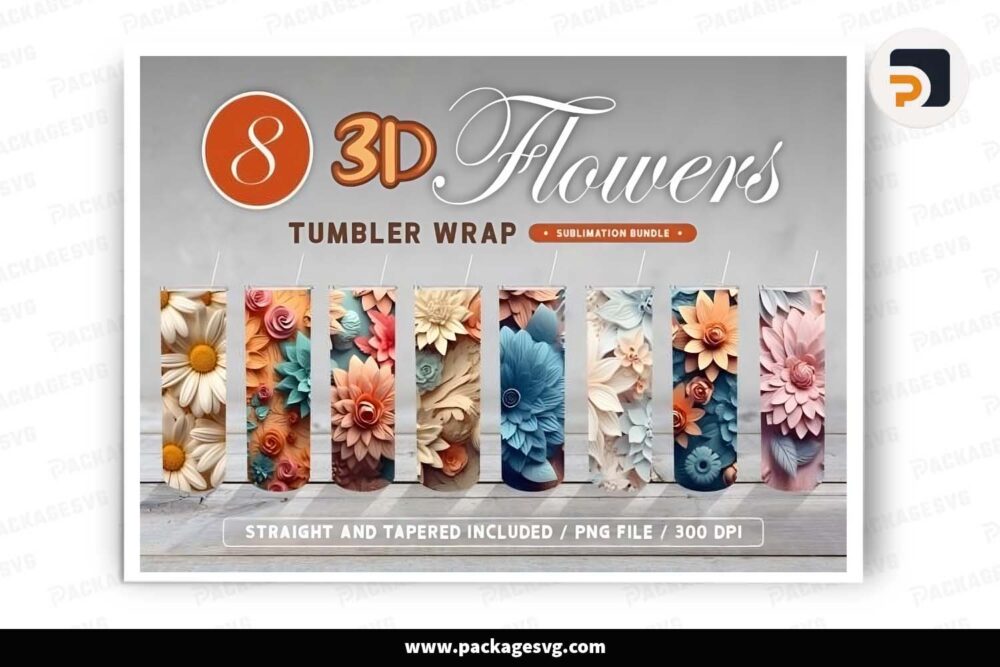 3D Flowers Template Bundle, 8 PNG Tumbler Wrap LI8CL56Z