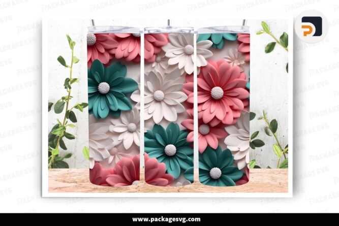 3D White Green Pink Daisies Flowers PNG, 20 oz Skinny Tumbler Template LHY50XWQ