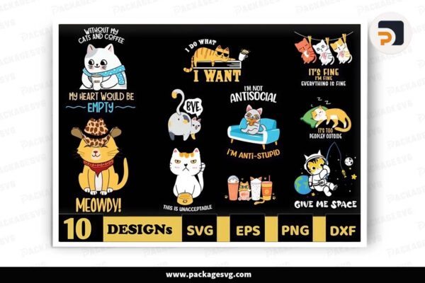 Cute Cat SVG Bundle, 10 T-Shirt Designs Free Download