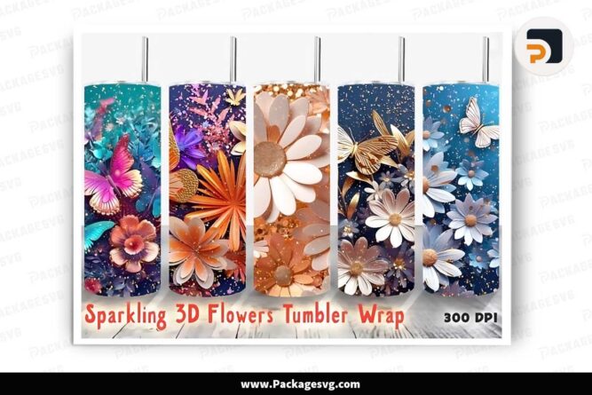 3D Flowers Sparkling Template Bundle, 20oz Skinny Tumbler Wrap LISHTBLZ