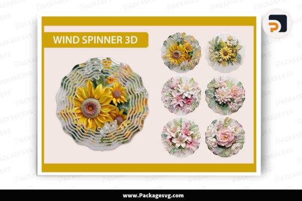 3D Flowers Wind Spinner Bundle, 6 Sublimation Designs Free Download