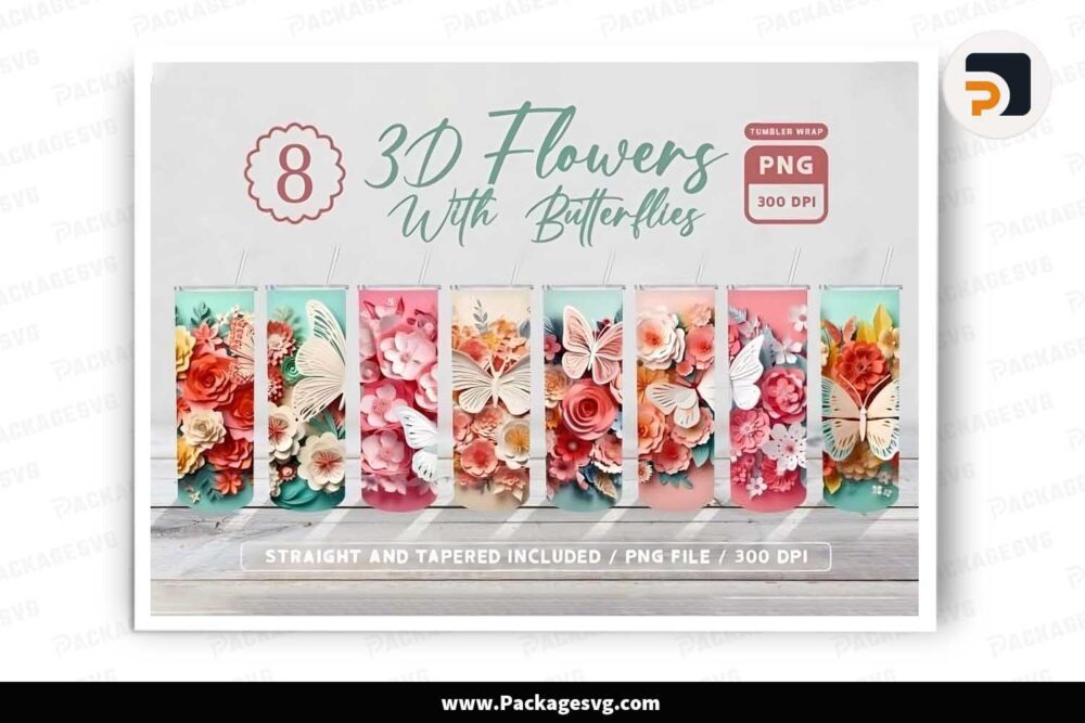 3D Flowers with Butterflies Template Bundle, 20oz Skinny Tumbler Wrap LISJ74Z7