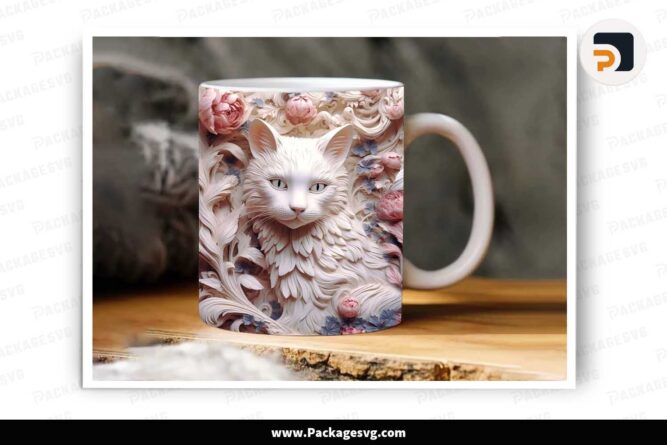 3D Ivory Cat Flowers Mug, 11oz 15oz Mug Sublimation Wrap LJGSD7ZH