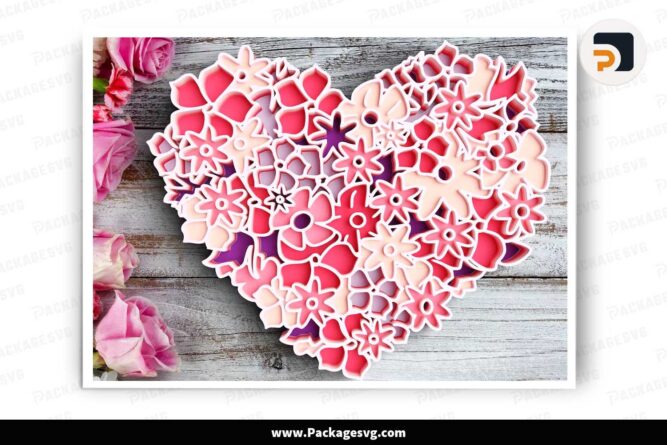 3D Layered Mandala Floral Heart, SVG Template For Cricut LJ578JKR