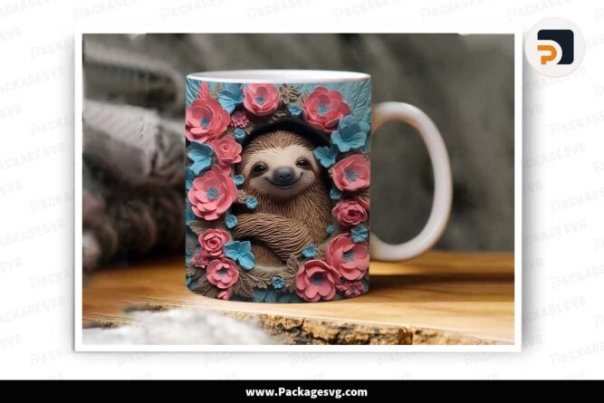 3D Sloth Flowers Mug, 11oz 15oz Mug Sublimation Wrap LJHXMKR3