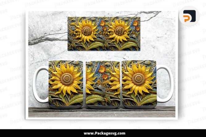 3D Sunflowers Mug, 11oz 15oz Mug Sublimation Wrap LJHYBFA2