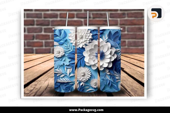 3D White And Blue Flowers Template, 20oz Skinny Tumbler Wrap LIPAOIT8