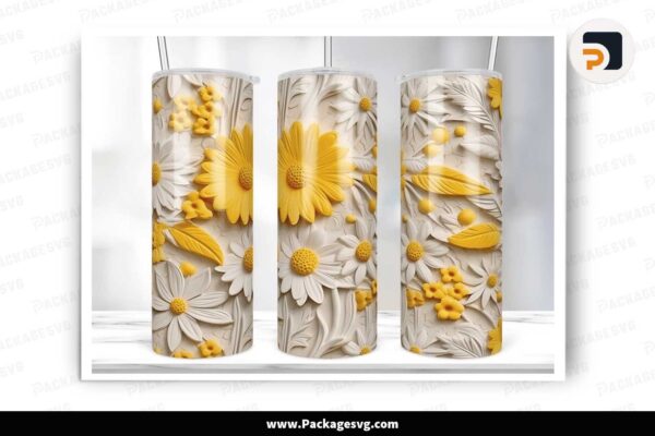3D Yellow White Daisies Template, 20oz Tumbler Wrap Free Download