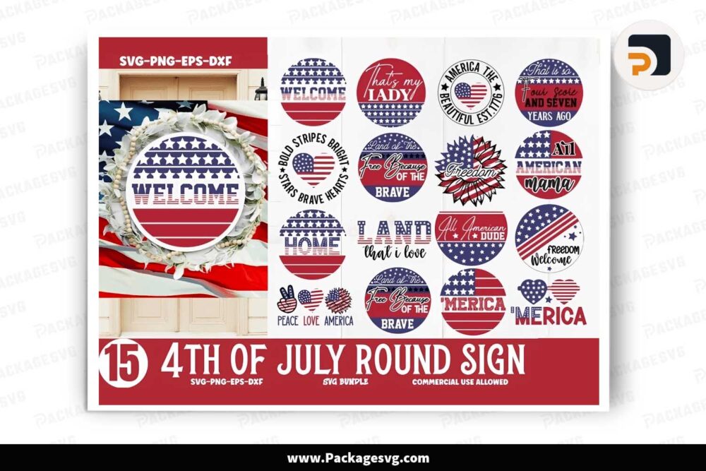 4th of July Round Sign Bundle, 15 SVG Templates For Cricut LJ29E2KW