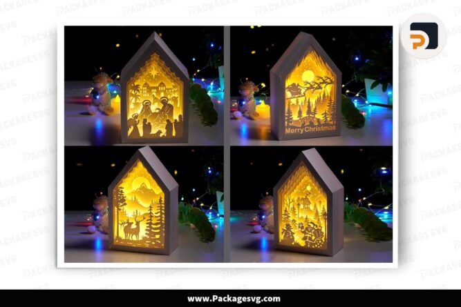 Merry Christmas Lanterns Bundle, 4 House Light Box Designs LJ6G46G1