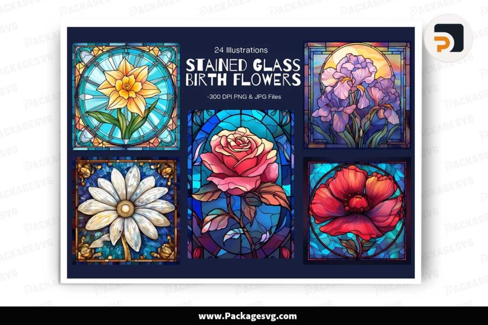 Stained Glass Birth Flower Bundle, 12 Designs Square and Rectangular LJ3M00KW