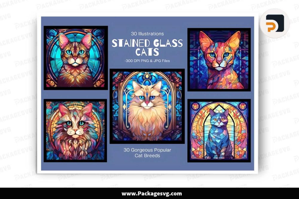 Stained Glass Cat Breeds Bundle, 30 Card Designs LJ3LK2HG