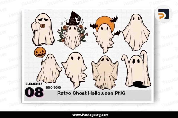 Retro Ghost Halloween Bundle, 8 Sublimation PNG Free Download