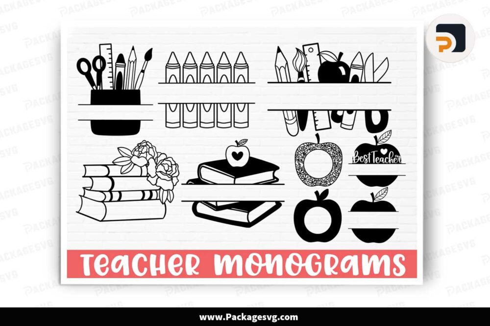 Teacher Monogram SVG Bundle, 9 School Shirt Designs LK3E9CVC