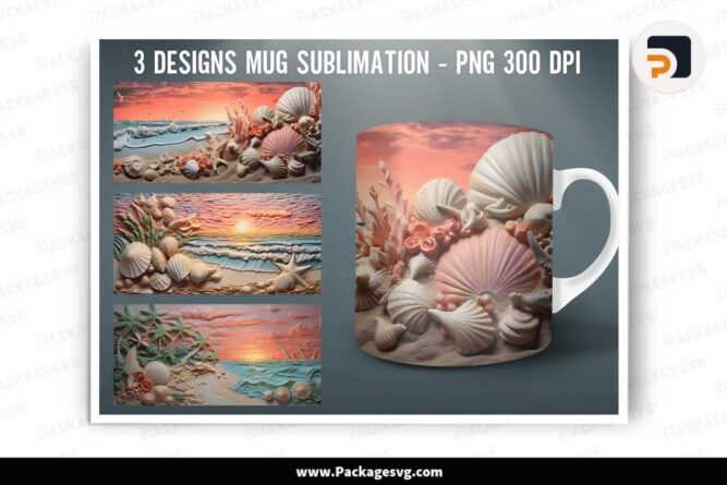 3D Beach Sublimation Template Mug Bundle, 11oz and 15oz Mug Wrap LKT20GUC