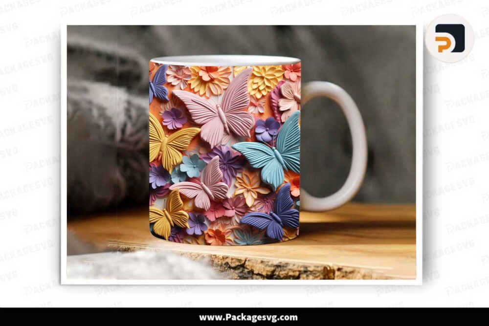 3D Colorful Butterfly Flower Sublimation PNG, 11oz 15oz Mug Wrap LLKOB8LJ