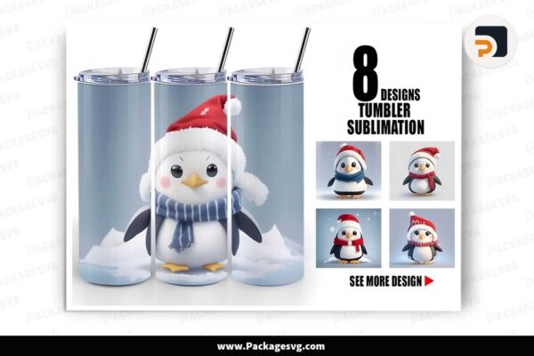 3D Cute Penguin Christmas Bundle, 8 Designs 20 oz Tumbler Wrap Free Download