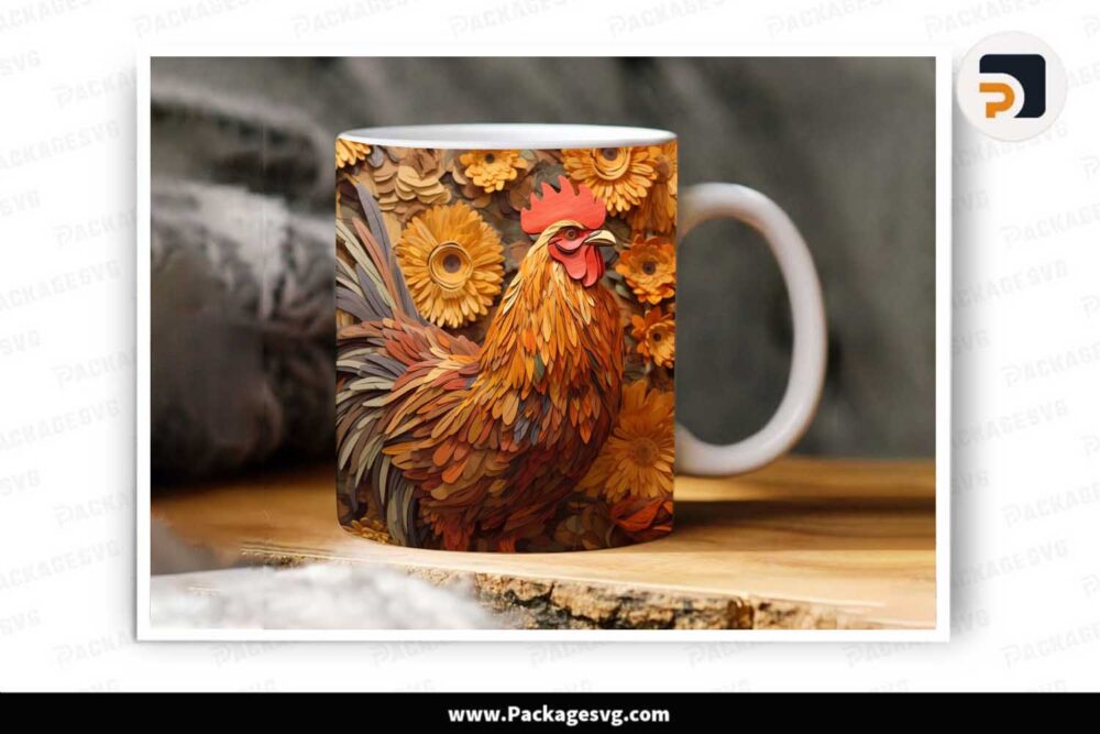3D Floral Rooster Sublimation PNG, 11oz 15oz Mug Wrap LLKN6PQQ