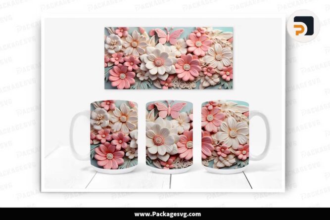 3D Pink Butterfly White Flowers Template Mug, 11oz and 15oz Mug Wrap LKT16OSY