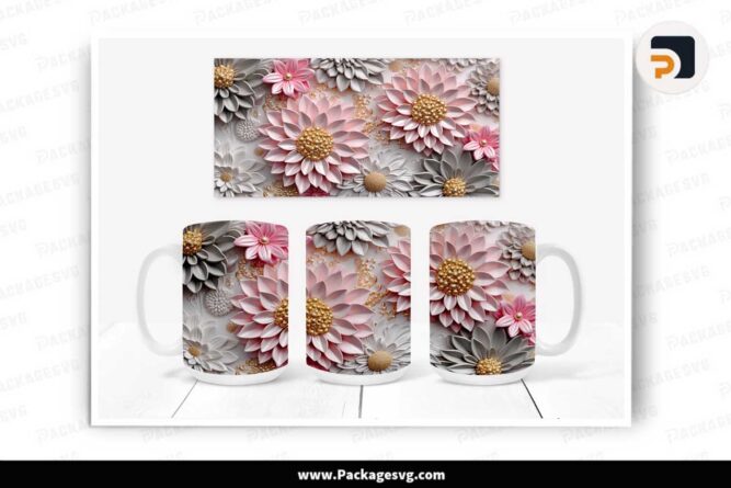 3D Pink Gold Silver Flower Template Mug, 11oz and 15oz Mug Wrap LKT1P92M
