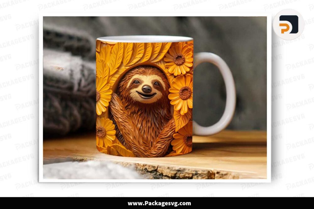 3D Wooden Sloth Flowers Sublimation PNG, 11oz 15oz Mug Wrap LLM0Z2BL
