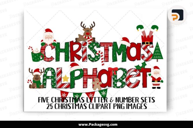 Christmas Doodle Alphabet Bundle, Santa Deer Elf Light Cliparts PNG LLX57SAW