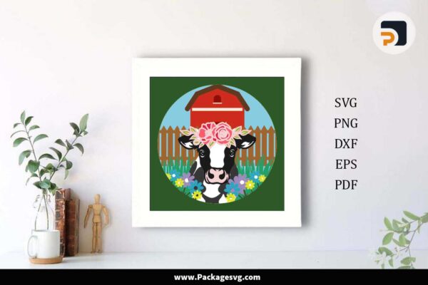 Floral Cow Shadow Box, SVG Paper Cut File Free Download