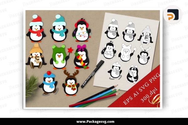 Funny Winter Penguins SVG, Coloring Pages Free Download