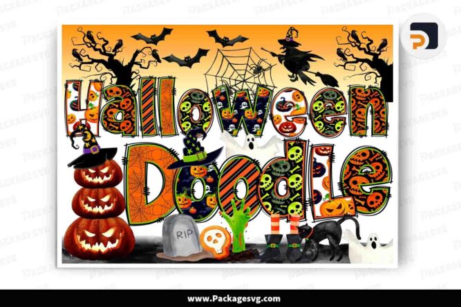 Halloween Doodle Alphabet Bundle, Pumpkin Skull Spiderweb Cliparts PNG Design LLW3MG3E