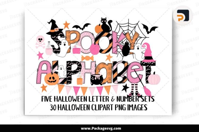 Halloween Doodle Alphabet Bundle, Witch Ghost Pumpkin Bat Cliparts PNG LLX4LAXA
