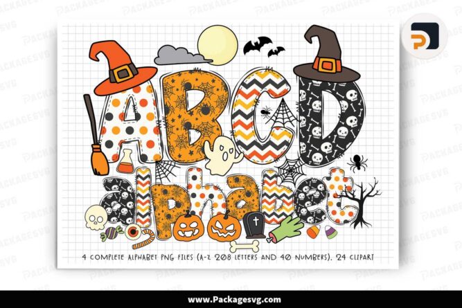 Halloween Doodle Letters Alphabet Bundle, Pumpkin Ghost Bat Clipart Design LLVSEJBU