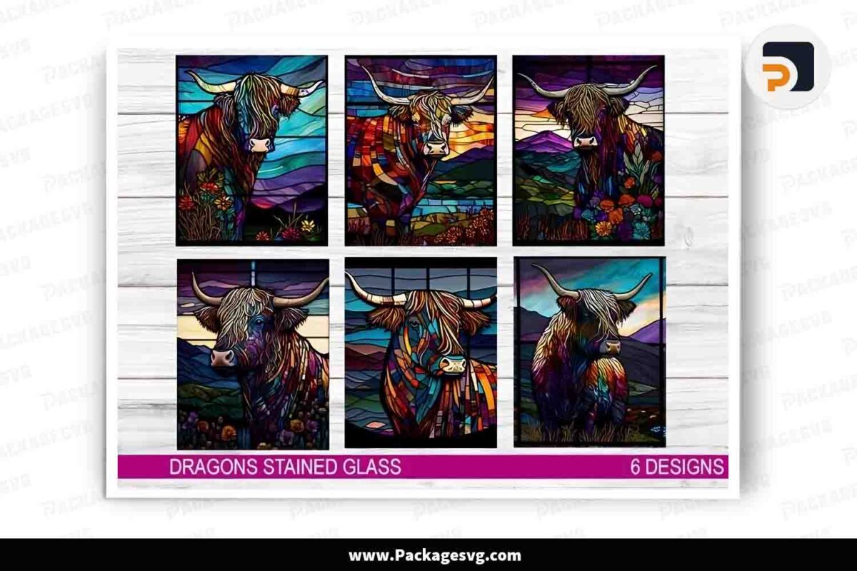 Highland Cow Stained Glass Bundle, 6 Cliparts PNG Free Download