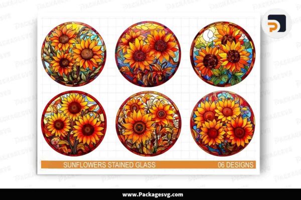 Sunflower Stained Glass Bundle, 6 Cliparts PNG Free Download