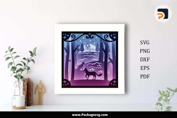 Wolf in a Christmas Light Box, SVG Paper Cut File Free Download