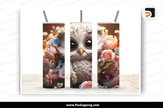 3D Baby Owl Flowers Sublimation PNG, 20oz Tumbler Wrap LM8KEXBS