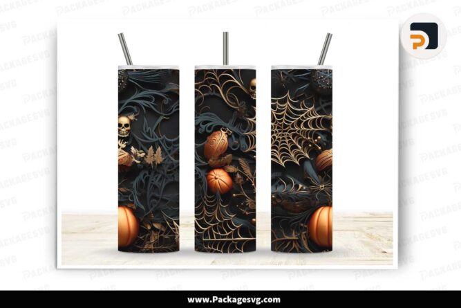 3D Black Halloween Pumpkin Spiderweb PNG, 20oz Tumbler Wrap LM72ZMGX