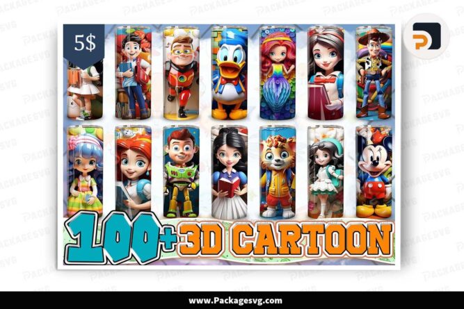 3D Cartoon Characters School Bundle, 100 Designs 20 oz Skinny Tumbler LM4DAL1S