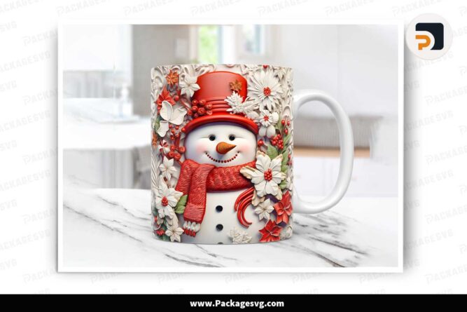 3D Christmas Flowers Snowman Sublimation PNG, 11oz 15oz Mug Wrap LM4AWY8Q