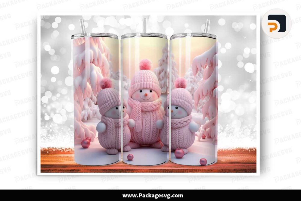 3D Cute Pink Snowman Sublimation PNG, 20 oz Skinny Tumbler Wrap LM4OXCG3